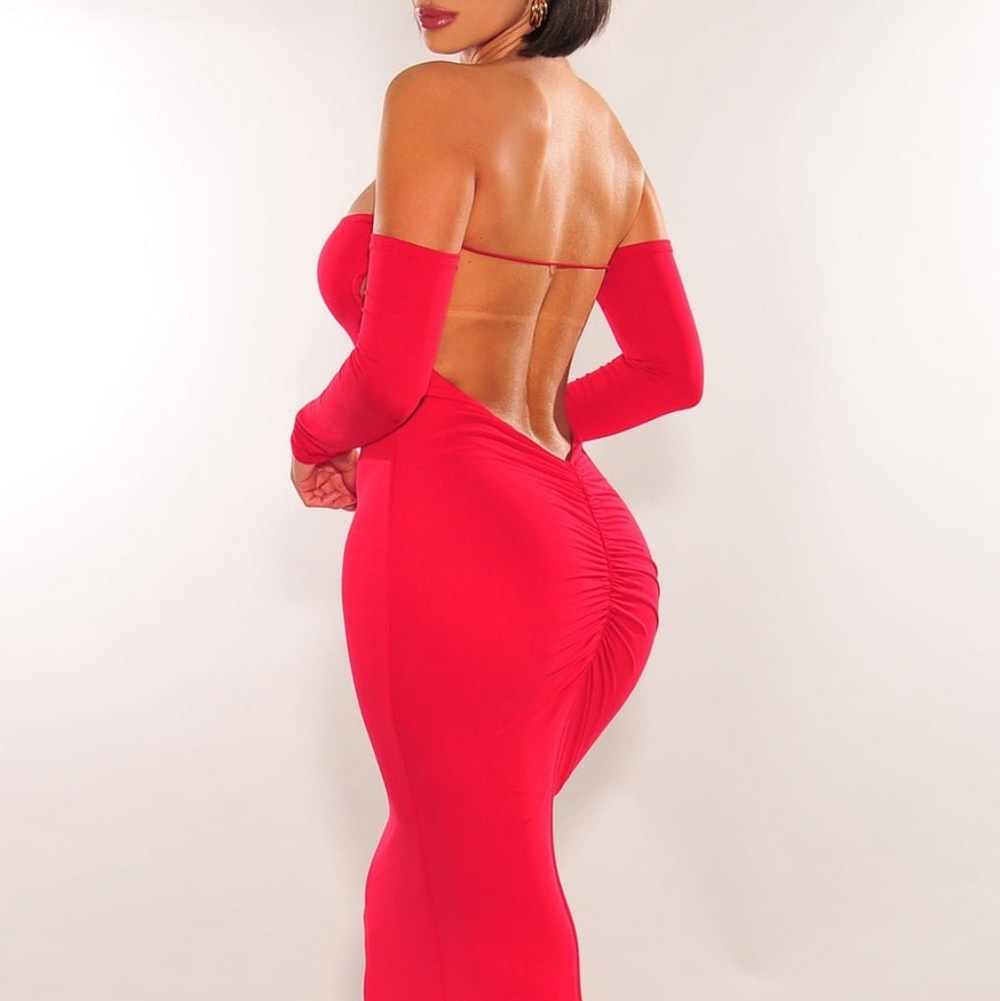 Hot Miami Styles Red Off-Shoulder Long Sleeve Ruched Maxi Dress | Medium